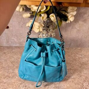 2014 Coach Legacy Drawstring Bucket Bag Turquoise Blue Leather Shoulder Purse